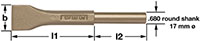 Image of a flat pneumatic scaling chisel with measurements indicated. The chisel has a round shank diameter of 0.680 inches (17 mm). The image also displays three dimensions labeled as l1 (blade length), l2 (shaft length), and b (blade width).  The blade 